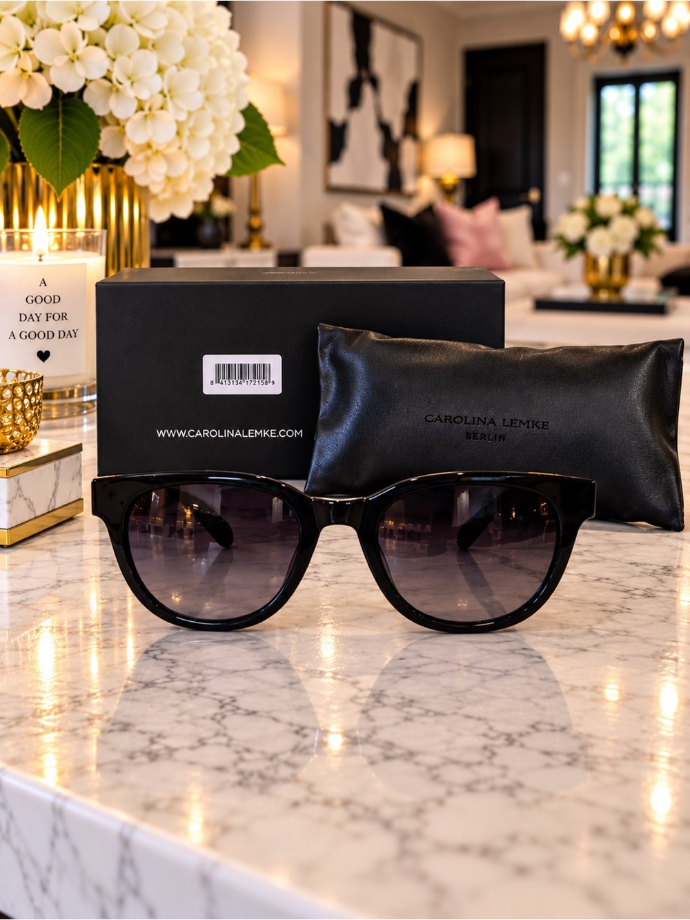 Carolina Lemke Berlin CL9354-01 Black Cat Eye Sunglasses NEW Complete Set